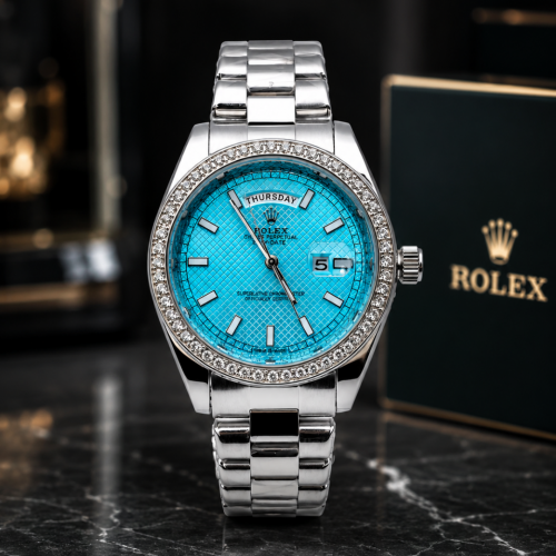 💎ROLEX DAY-DATE BAGUETTE PLATEADO-AZUL 🔥